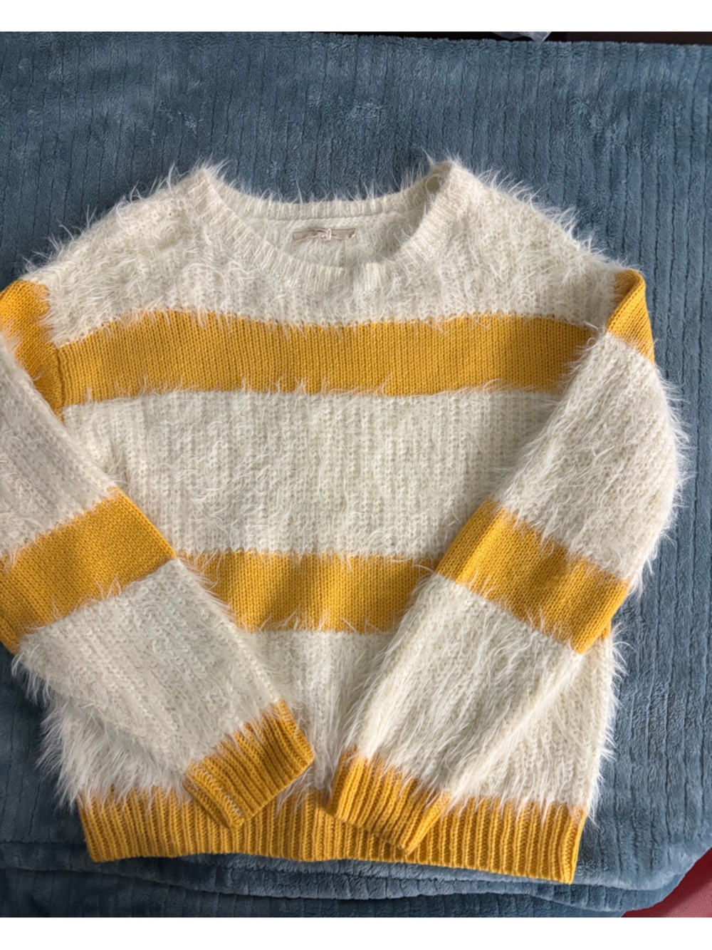 Chelsea and Violet Cozy Ivory Fuzzy Sweater with Mustard Stripes